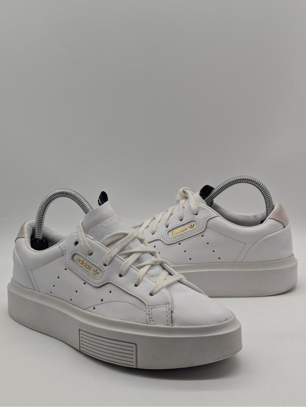 Women's Size 7 Adidas Sleek White Gold Leather Lace Up Low Top Platform Sneakers